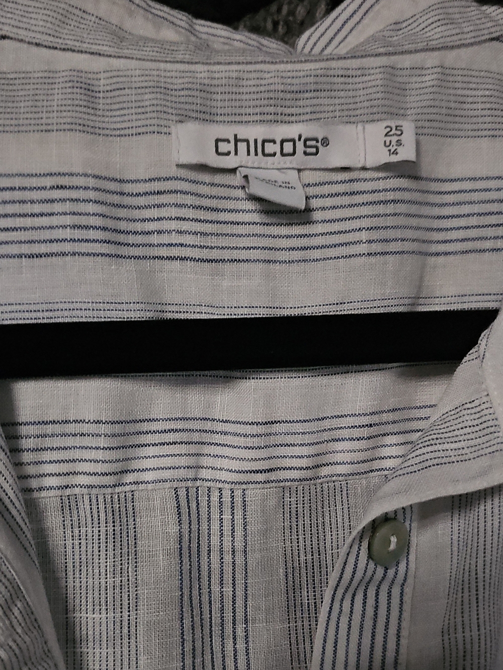 Chico's Button-Down Shirt in White with Navy Pinstripes